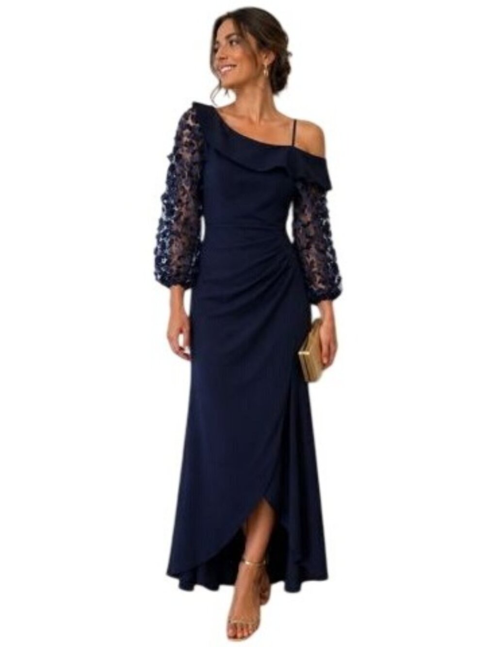 Xscape Navy Blue One-Shoulder Gown Floral Sheer Sleeves Ruched Details  Size M